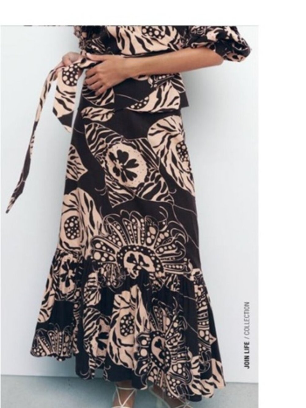 Zara Linen Blend Black and Tan Floral Ruffle Maxi Skirt NWT M